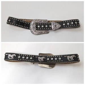 Nocona Belt Co Girl's Western Horse Conchos Black Rhinestone Belt Sz 22 - Picture 1 of 15
