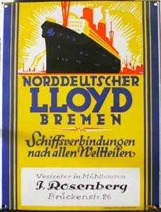 Poster vintage originale NORTH GERMAN LLOYD BREMEN WORLDWIDE c. 1935 Piastra smaltata - Foto 1 di 5