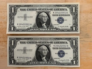 ( 2 ) Consecutive Crisp Serial Numbers 1957A $1 Silver Certificates bills - Picture 1 of 11