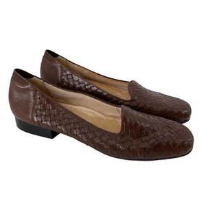 Brown Leather Basket Weave Shoes Selby Vintage Square Toe Block Heel Size 10 AA - Picture 1 of 10