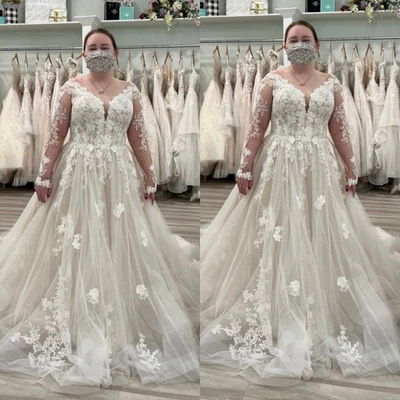 Vestidos de novia talla grande de ensueño con cuello en V mangas largas blanco marfil vestidos de novia Foto 1 de 4