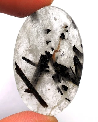 50 CT 10X24X37 mm TOP NATURAL BLACK RUTILE QUARTZ OVAL CABOCHON GEMSTONE HJ-185 - Image 1 of 4
