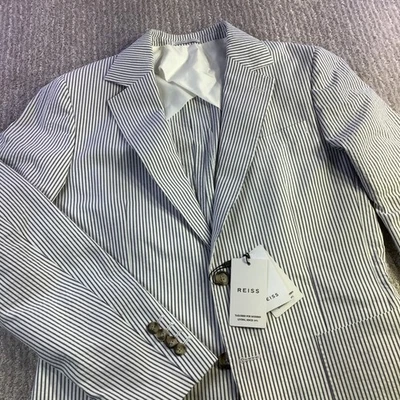 Blazer REISS Barr 2B Muesca Rayas Azul Suave Blanco Talla 38 Nuevo con Etiquetas Foto 1 de 4