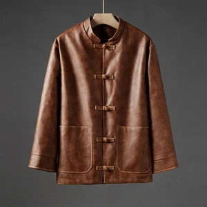 Chinese Style PU Leather Jacket Mens Handmade Stand Collar Plus Size Tang Suit - Picture 1 of 27