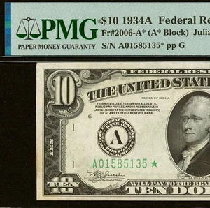 1934A $10 Federal Reserve Note PMG 63 - Uncirculated Boston Star - Fr 2006-A* - Picture 1 of 3