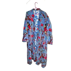 Velvet Floral Bird Print Kimono Duster Robe Open Front Pockets Cotton Blend Arts - Picture 1 of 11