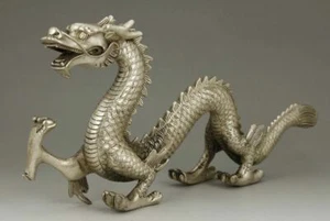 STATUA DRAGO CINESE GRANDE ARGENTO BRONZO INTAGLIATO FATTO A MANO DA COLLEZIONE - Foto 1 di 6