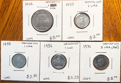 Vatican City Coin Lot:1942, 1952, 1953, 1956 & 1974 (FAO) -1 Lira (5 Coin Total) - Image 1 of 2