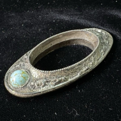 RARE Antique Napkin Ring DEER/BOAR HUNTING SCENE Silver Turquoise GERMANY? - Image 1 of 4