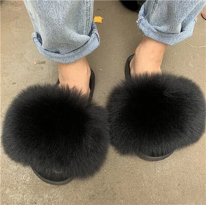 Black Women's Real Fox Fur Slides Max Large XXL Furry Slipper Flat Sandals Shoes - Picture 1 of 3