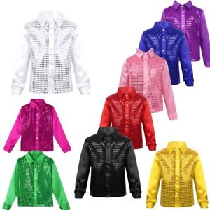Kids Boys Teens Sequins Long Sleeve Shirt Party for Choir Jazz Dance Stage 