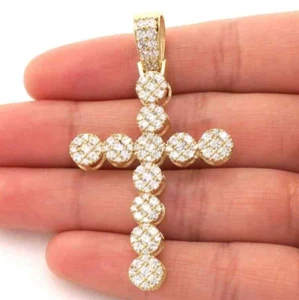 10k Yellow Gold 6Ct CZ Cluster Religious Cross Pendant - Picture 1 of 6