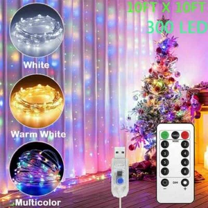 300 LED Curtain Fairy String Lights USB Window Hanging Wedding Party Xmas Decor - Picture 1 of 20