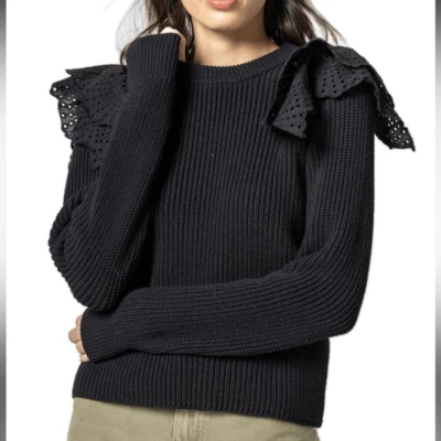 LILLA P Eyelet Ruffle Shoulder Trimmed Crew Neck Ribbed Sweater Black L - Image 1 of 4