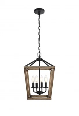 Indoor Outdoor Chandelier Light Fixture Brown Wood and Black Kitchen Dining Room - Image 1 of 4