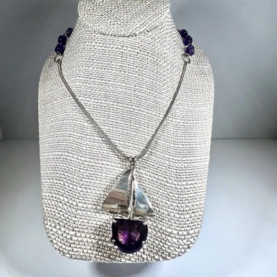 紫水晶纯银吊坠项链帆船 Est. 5 ctw 12 X 18 mm — 第 1/4 张图片