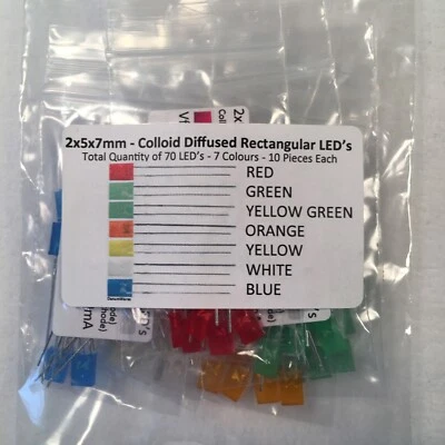 70 of 2x5x7 Rectangular LED’s, Colloid Diffused,7 Colours,10 Each R,YG,Y,W,G,B,O