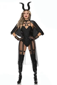 Sexy 6pc Black Dark Evil Maleficent Villain Womens Halloween Adult Costume - Picture 1 of 7
