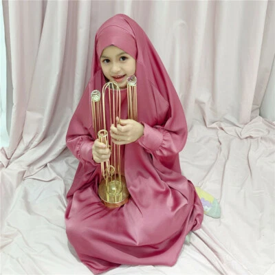 Kids Girls Child Muslim Prayer Abaya Hijab Dress Niqab Burqa Robe Islamic Arab - Image 1 of 4