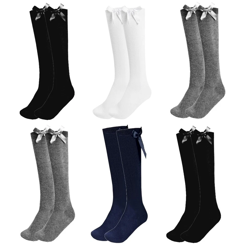Girls Knee High Bow Socks Long School Plain Black Grey Navy White 1 2 3 Pairs