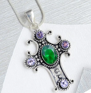 Diopside & Amethyst Gemstone Necklace 925 Sterling Silver Cross Men's Jewelry - Picture 1 of 6