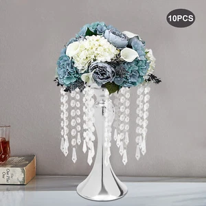 10PCS Silver Vases Wedding Centerpieces Flower Stand Table Decor w/Crystal Beads - Picture 1 of 35