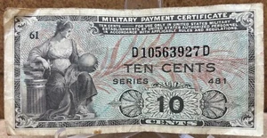 1948-51 US MPC 10 Cents Military Payment Certificate Series 481 Plate 61 - Picture 1 of 12