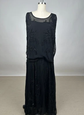 Art Deco 1920s Black Silk Chiffon Glass Beaded Evening Gown Flapper Dress AS IS - Image 1 of 4