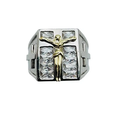 Anillo de plata esterlina 925 circonitas con sello cruz Cristo circonita cúbica para hombre talla 10 Foto 1 de 4