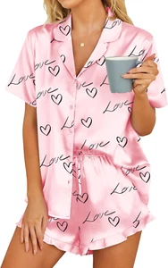 Pink Love Women's Satin Pajamas Set Button down 2Piece Silk Pjs Shorts Set,Large - Picture 1 of 6
