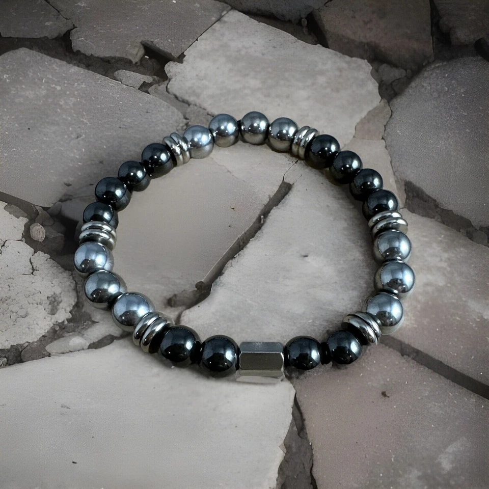 Men’s/Boy’s Mixed Hematite+Stainless Steel Bracelet 8mm. Sizes up to 7.75”. - Image 1 of 1