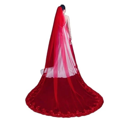 Velo de la Novia Catedral Velo Rojo Encaje Apliques Velo Accesorios Rojo Chino  Foto 1 de 4