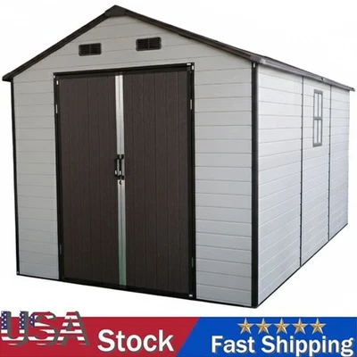 Cobertizo de herramientas de almacenamiento al aire libre de resina de 8 x 14 pies con piso y puerta bloqueable blanco Foto 1 de 4