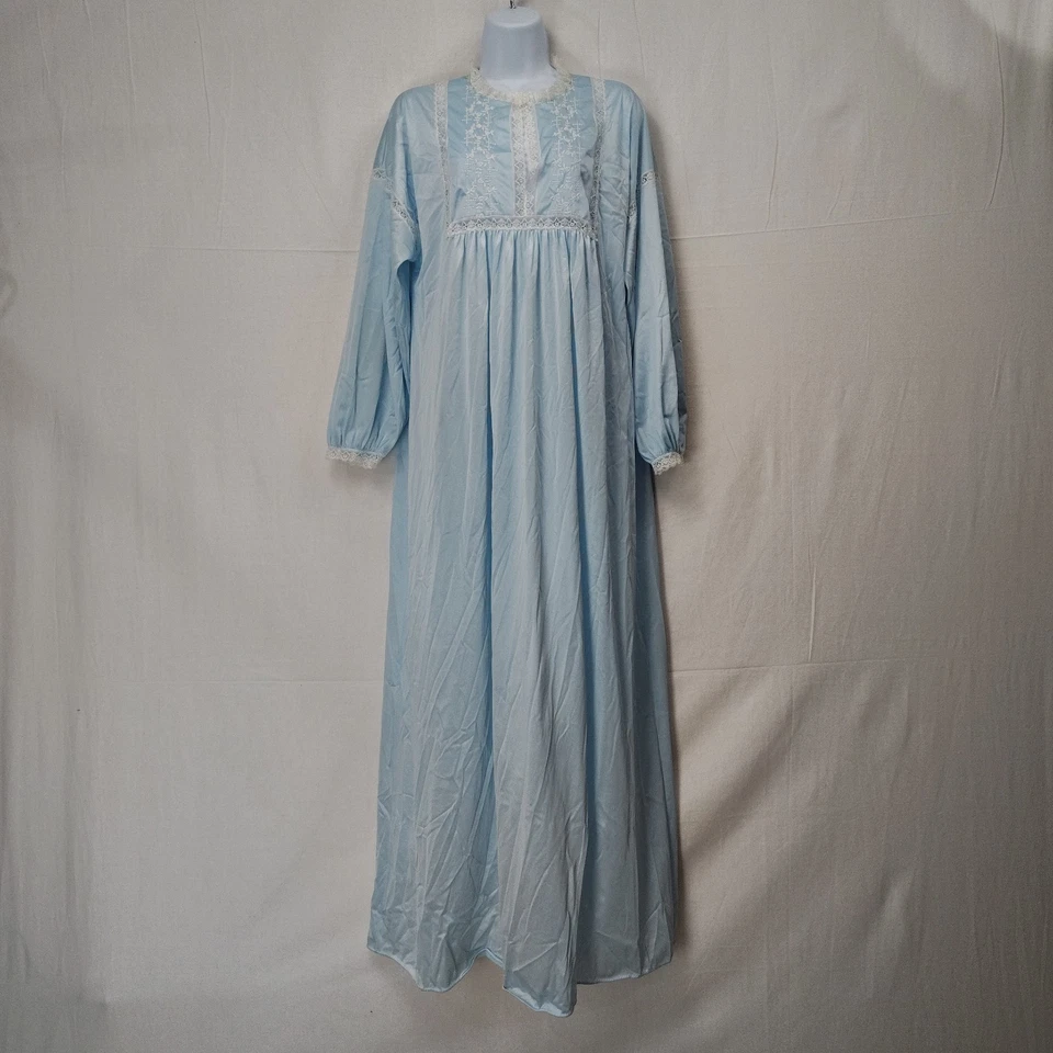 Vtg Vanity Fair Nightgown Sz SML Long Sleeve Satin Embroidered Lace Trim Nylon  - Image 1 of 4