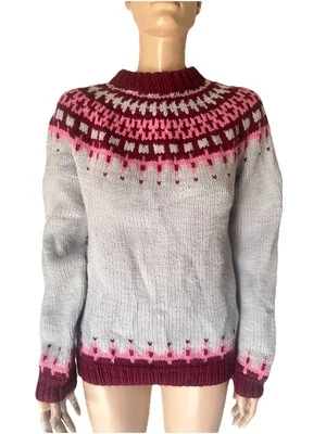 Suéter de lana tejido estilo islandés de colección años 80 suéter para mujer gris rosa abuela Foto 1 de 4