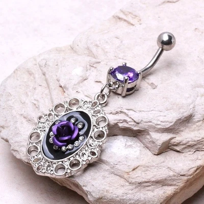 Marco ornamentado de acero quirúrgico 316L y anillo ombligo rosa Foto 1 de 3