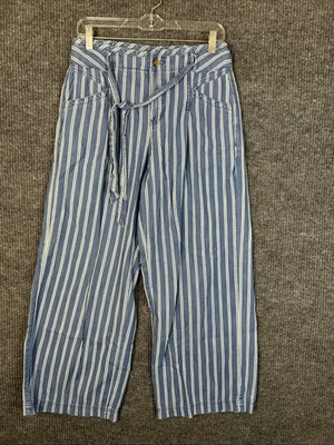 Pantalones boho American Eagle para mujer de pierna ancha talla 8 azul a rayas con cinturón tiro alto Foto 1 de 4