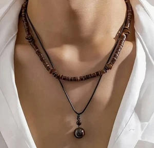Layered 2 piece tigers eye & coconut shell Beaded elegant Pendant Necklace - Picture 1 of 5