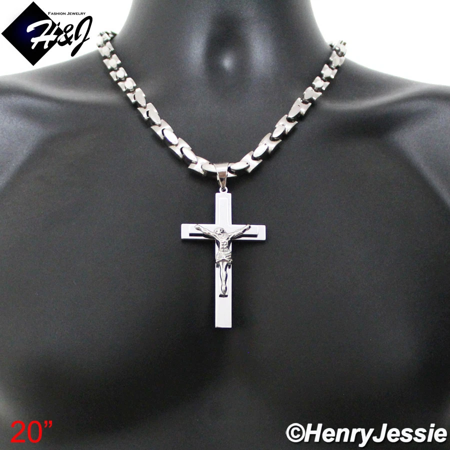 20" HOMBRE Acero Inoxidable 8mm Plata Enclavamiento Hueso Cadena Collar Cruz Colgante*J1 Foto 1 de 4