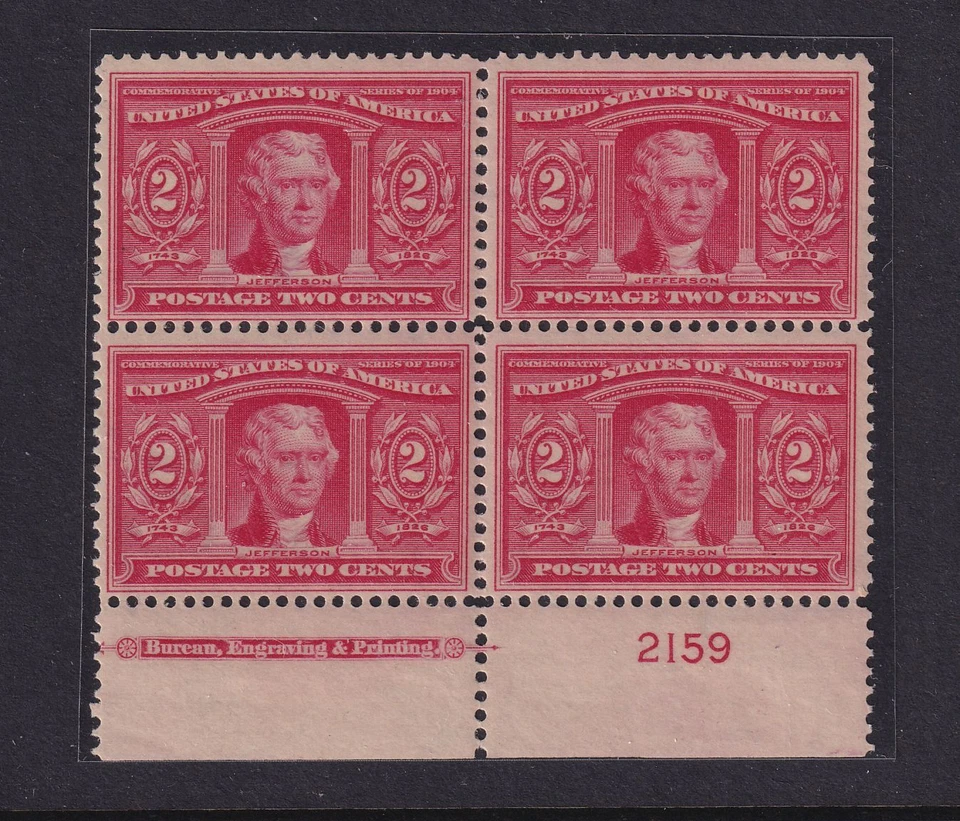 1904 Sc 324 Louisiana Purchase 2c Jefferson MHR full OG plate block of 4 (2A - Image 1 of 2