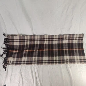 Scarf Plaid 100% Cashmere Long Rectangular Fringe 11" x 57" Browns And Whites - Picture 1 of 5