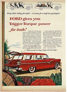 1955 FORD Country Sedan Red Station Wagon At Farmer's Market art Vintage Ad 