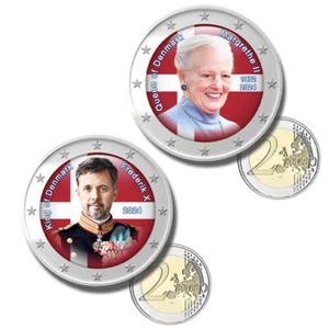 2 Euro Coloured Coin Denmark Queen Margrethe II King Frederik X Coronation 2024 - Picture 1 of 5