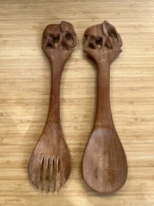 Hand Carved Wooden Spoons Elephant Salad Servers 31cm - Picture 1 of 7