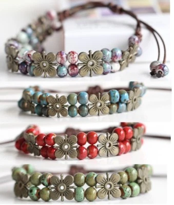 Pulseira de tornozelo feminina 4 estilos flor dupla camada frisada praia tornozeleira D602 - Imagem 1 de 4