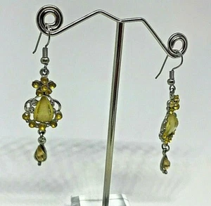 Vintage Silver Metal Yellow Crystal Long Drop Earrings 1980' - Picture 1 of 4