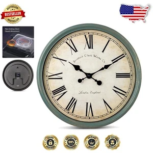 Elegant 20-Inch Analog Wall Clock - Rustic Green Frame & Silent Quartz Movement - Picture 1 of 4