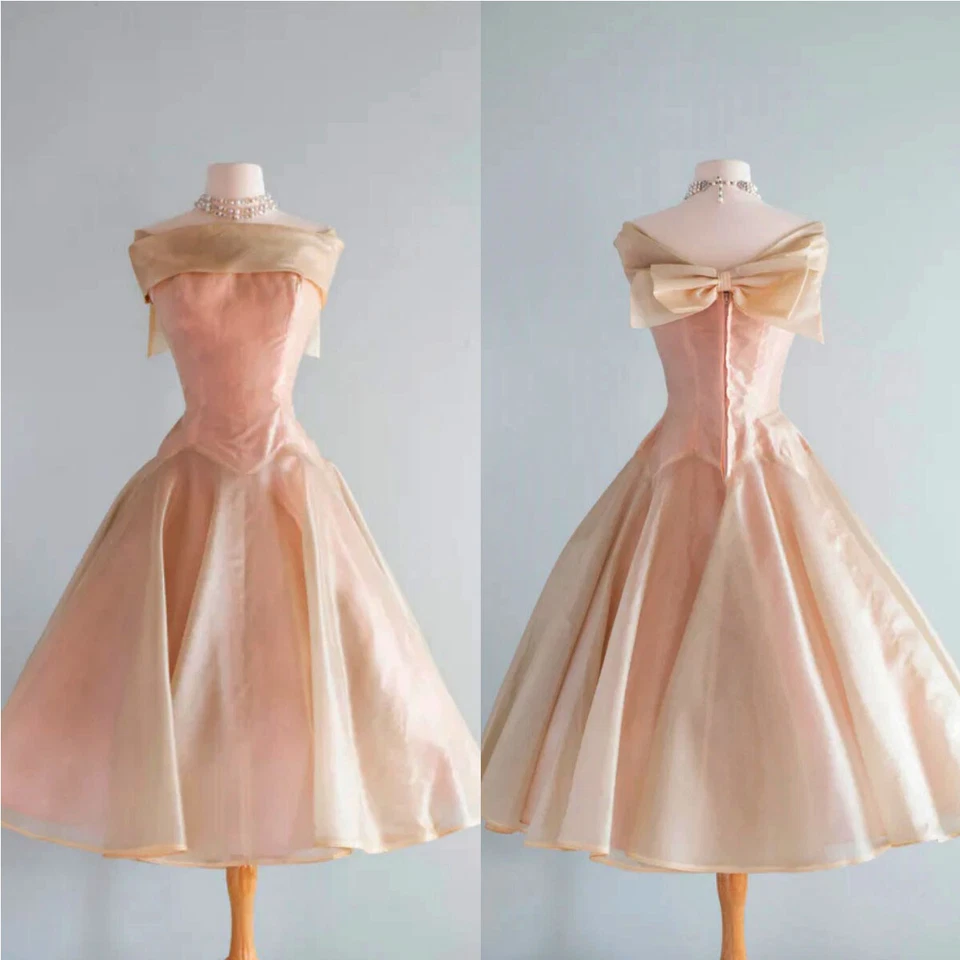 Organza Wedding Dresses Vintage Champagne 1950s Couture Tea Length Bridal Gowns - Image 1 of 4