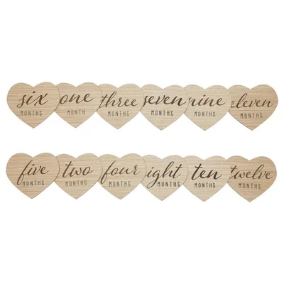 Tarjetas de hito mensuales de madera, madera clara, en forma de corazón, discos de doble cara Foto 1 de 4
