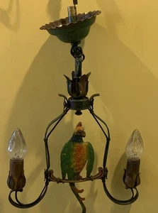 ANTIQUE Polychrome HUBLEY CAST IRON PARROT BIRD Pendant HANGING CEILING  LIGHT - Picture 1 of 10